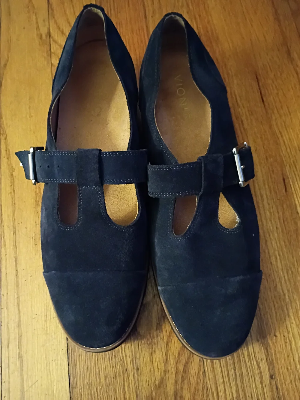 Women's Vionic Navy Blue Suede T-Strap Buckle Flats Size 9.5